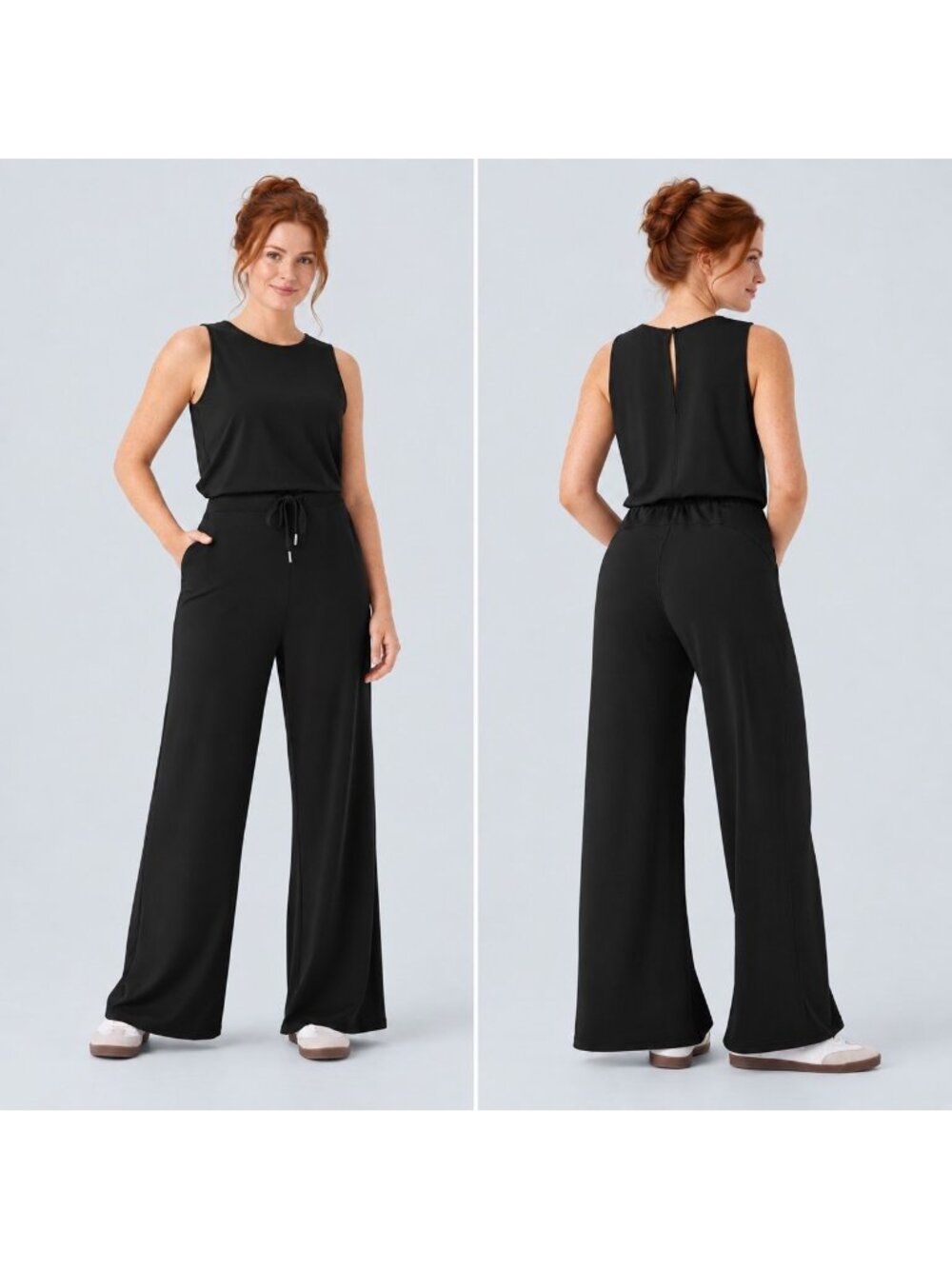 Halara Jumpsuit XS Black Stretch Sleeveless Drawstring Wide Leg Minimalist